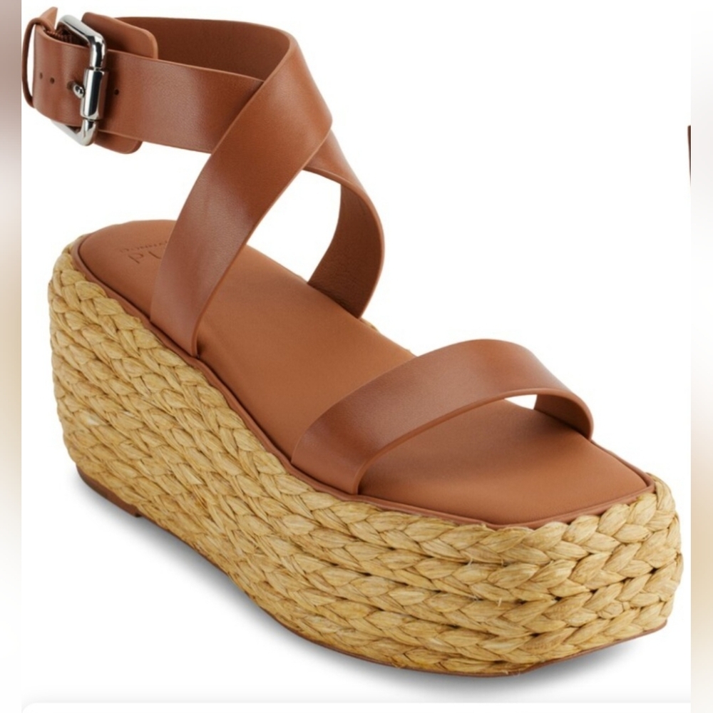 Donna Karan Wedge Sandals 7.5 Brown Leather Lolah Platform Chunky Raffia New $92